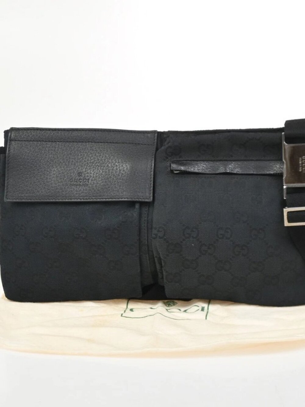 GUCCI Logo GG Pattern Mini Waist Belt Bag Canvas Leather Black SHW Italy 85KC747